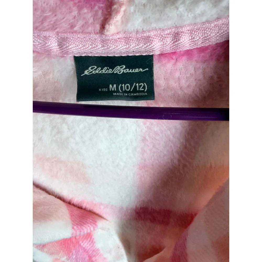 Eddie Bauer Kids Pink Plaid Plush Hooded Robe Size M 10/12 Fleece Bathrobe